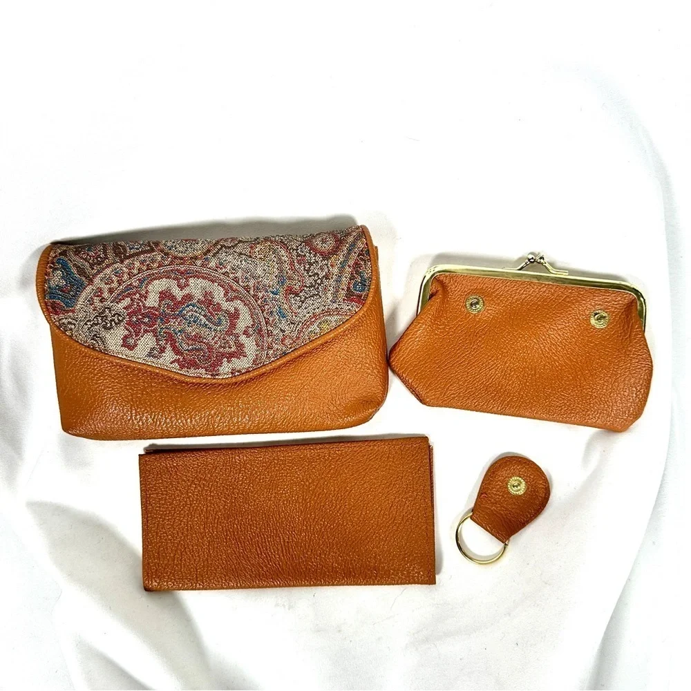 Sun King vintage faux leather paisley 4-piece wallet set boho retro chic tan